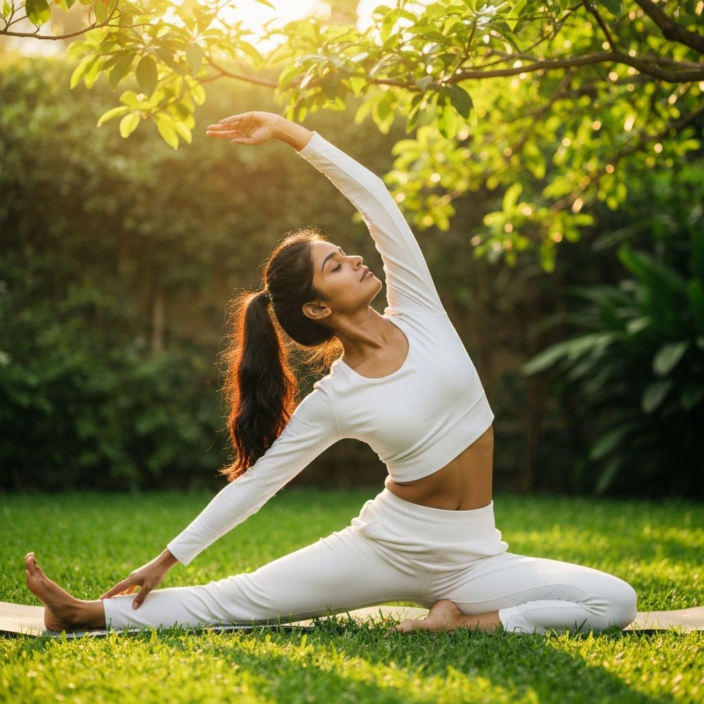 Young woman doing yoga in a green garden — Healiv Nutra PCOS support